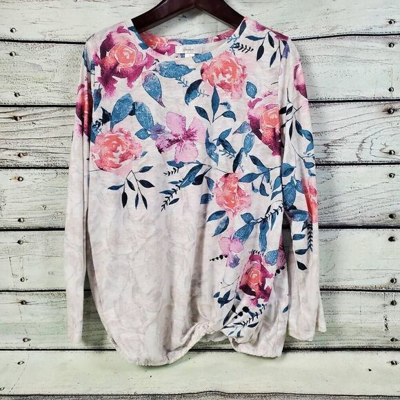 CJ Banks 1X Floral Print Long Sleeve Blouse White Pink Blue Stretch Top with Sid - Picture 1 of 9